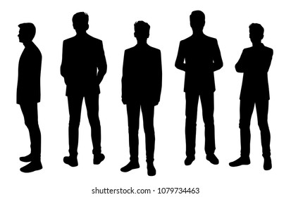 Vector silhouettes of men  standing, business people, group, black color,  isolated on white background