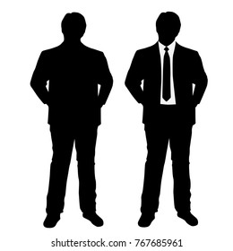 Vector silhouettes of men  standing, business people, couple, fat man,  black color, isolated on white background
