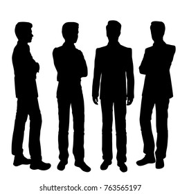 Vector silhouettes of men standing, businessmen, group people, different poses,  black color, isolated on white background