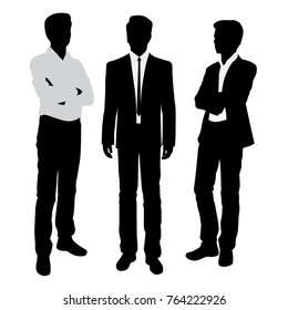 Vector silhouettes of men standing, businessmen, group people, different poses,  black color, isolated on white background