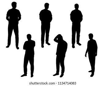 Vector silhouettes men standing, different poses, people, group,  black color, isolated on white background