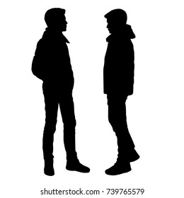 Vector silhouettes of men standing, different poses,  couple, outerwear, black color, isolated on white background