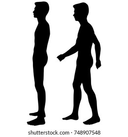 Vector silhouettes of men standing, different poses,  profile,  black color, isolated on white background