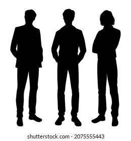 Vector silhouettes of men standing, group business people, black color, isolated on white background