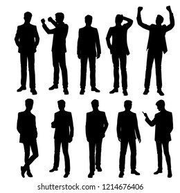 Vector silhouettes men standing, set, different poses, hands up,  business,  people, group,  black color, isolated on white background