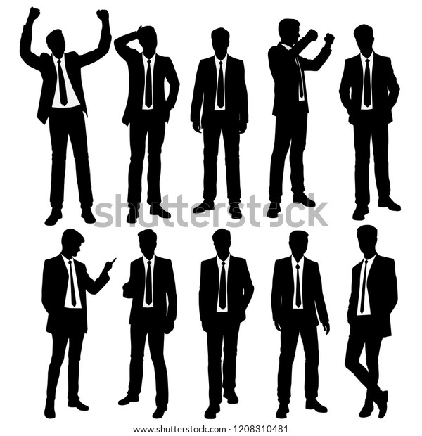 白い背景に男性の立ち姿 セット 異なるポーズ 手を上げる ビジネス 人 グループ 黒い色 ベクター画像シルエット のベクター画像素材 ロイヤリティフリー