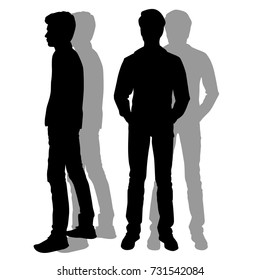 Vector silhouettes of men standing, shadow, profile, couple,  black color, isolated on white background