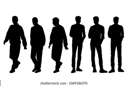 Vector silhouettes of men  standing and walking, business people, group, black color,  isolated on white background