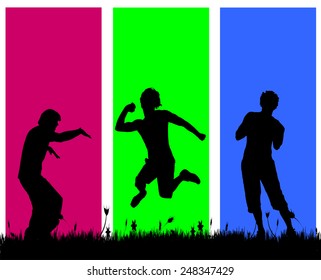 Vector silhouettes of men who dance on a colored background.