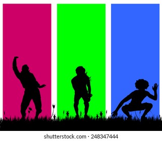 Vector silhouettes of men who dance on a colored background.