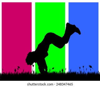 Vector silhouettes of men who dance on a colored background.