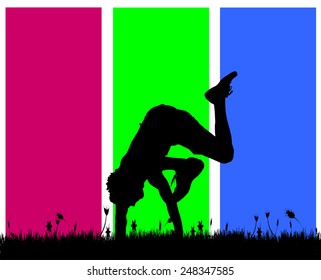 Vector silhouettes of men who dance on a colored background.