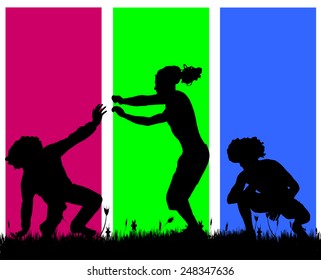 Vector silhouettes of men who dance on a colored background.