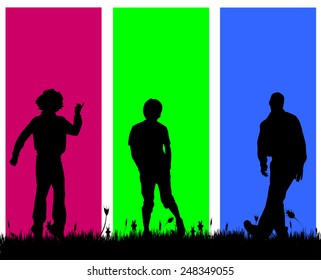 Vector silhouettes of men who dance on a colored background.