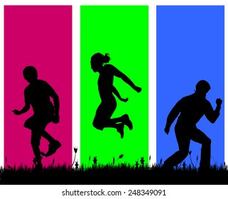 Vector silhouettes of men who dance on a colored background.