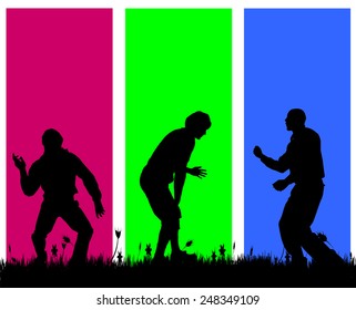 Vector silhouettes of men who dance on a colored background.