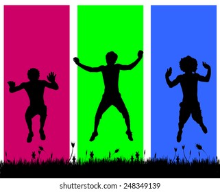 Vector silhouettes of men who dance on a colored background.