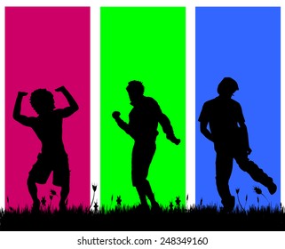 Vector silhouettes of men who dance on a colored background.
