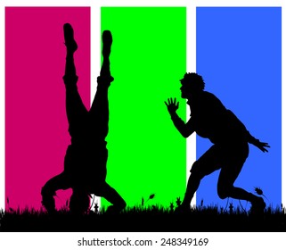 Vector silhouettes of men who dance on a colored background.