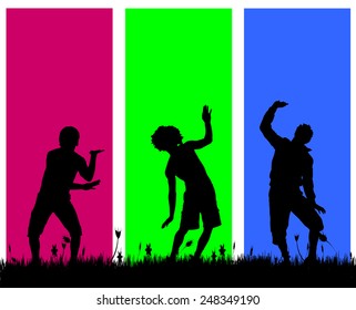 Vector silhouettes of men who dance on a colored background.