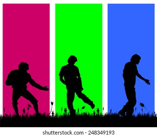 Vector silhouettes of men who dance on a colored background.