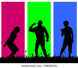 Vector silhouettes of men who dance on a colored background.