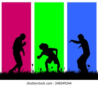 Vector silhouettes of men who dance on a colored background.