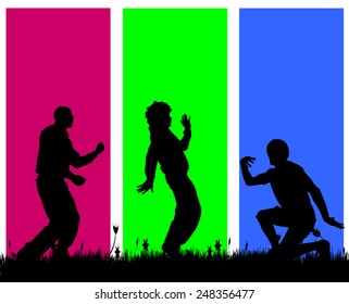 Vector silhouettes of men who dance on a colored background.