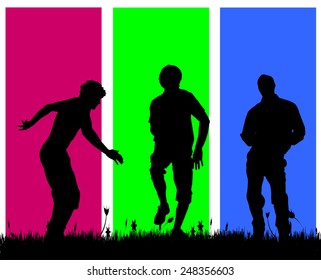 Vector silhouettes of men who dance on a colored background.