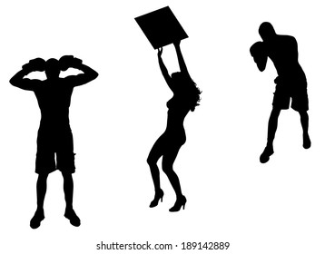Vector silhouettes of men who fight on white background.