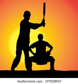 Vector silhouettes of men who play baseball at sunset.