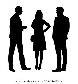 Vector silhouettes of  men and a woman, a group of standing business people, black color isolated on white background