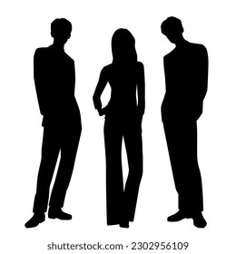 Vector silhouettes of  men and a woman, a group of standing   business people, profile, black  color isolated on white background