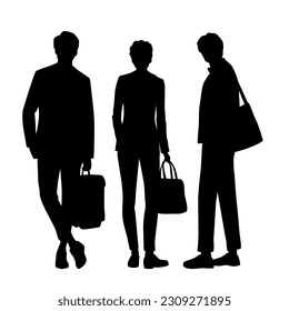 Vector silhouettes of  men and a woman, a group of standing   business people with a bags, profile, black  color isolated on white background