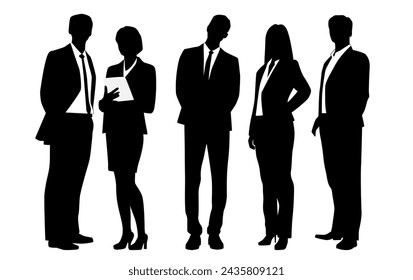 Vector silhouettes of  men and a woman, a group of standing   business people, profile, black  color isolated on white background