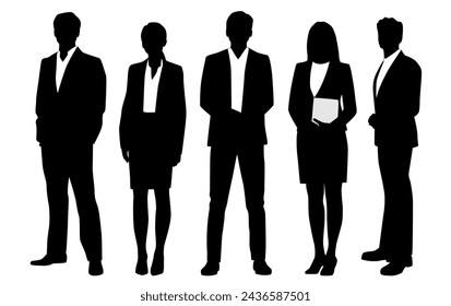 Vector silhouettes of  men and a woman, a group of standing   business people, profile, black  color isolated on white background