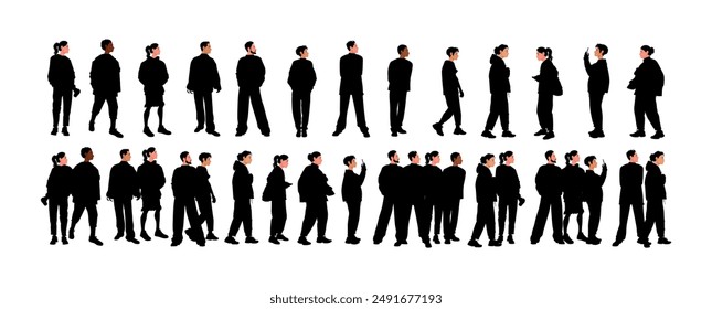 Vector silhouettes of men and a woman, a group of standing people.