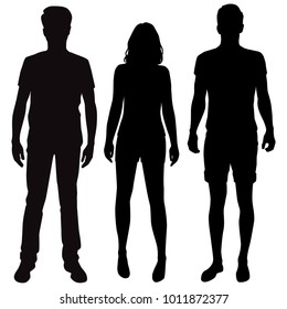 Vector silhouettes of men and woman standing, business people, group,  black color, isolated on white backgroun