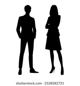 Vector silhouettes of men and a woman, standing business people, profile, black color isolated on white background