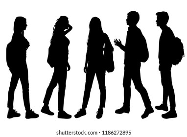 Vector silhouettes of men and women with backpack, standing, various poses, business, people, band, black color, isolated on white background