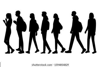 Vector silhouettes of  men and a women with backpack, a group of standing and walking  business people, black color isolated on white background