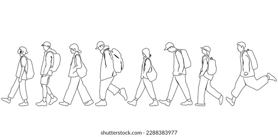 Vector silhouettes of  men and a women with backpack, a group of walking  business people, profile, studets traveling, linear sketch, black and white color isolated on white background