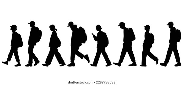 Vector silhouettes of  men and a women, with backpack a group of walking  business people, studets traveling, profile, black color isolated on white background