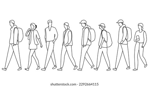 Vector silhouettes of  men and a women with backpack, a group of walking  business people, profile, studets traveling, linear sketch, black and white color isolated on white background