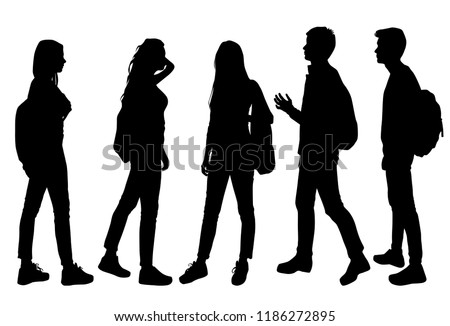 Vector silhouettes of men and women with backpack, standing, various poses, business, people, band, black color, isolated on white background