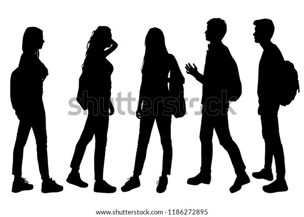 白い背景に男性と女性のシルエット バックパック 立ち姿 様々なポーズ ビジネス 人 バンド 黒い色 のベクター画像素材 ロイヤリティフリー
