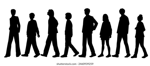 Vector silhouettes of  men, women, boys and girls walking, teenagers, a group  people, profile, students, black color isolated on white background