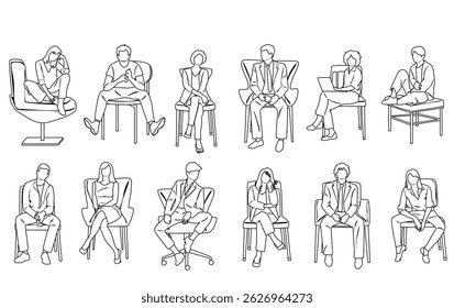 Vector silhouettes of men and women, business people,  sitting on chairs and armchairs, profile, hand draw, linear sketch, black and white color, isolated on white background
