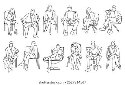Vector silhouettes of men and women, business people,  sitting on chairs and armchairs, profile, hand draw, linear sketch, black and white color, isolated on white background