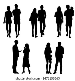 Vector silhouettes of  men and a women, couple, a group of standing and walking business people, black color isolated on white background